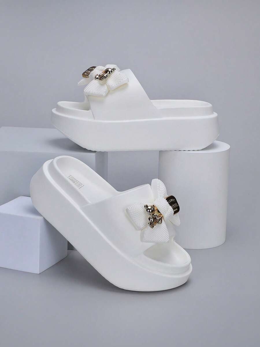 Revreal Black Platform Slides With Bow Accent Cute Basic Beach Casual Leisure Outdoor - White - View 1