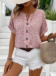 Plus Size Women Elegant Ditsy Floral Short Sleeve Button Up Top, Comfortable Casual T-Shirt Blouse, Spring/Summer/Autumn