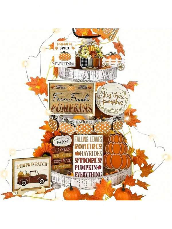 16pcs Autumn Thanksgiving Wooden Tiered Tray Decor Set - Best Gift - Rustic Farmhouse Pumpkin & Truck Designs For Fall, Autumn, And Winter Home Decor-Wood Tabletop Ornament For Home Office Parties - Universal Decor