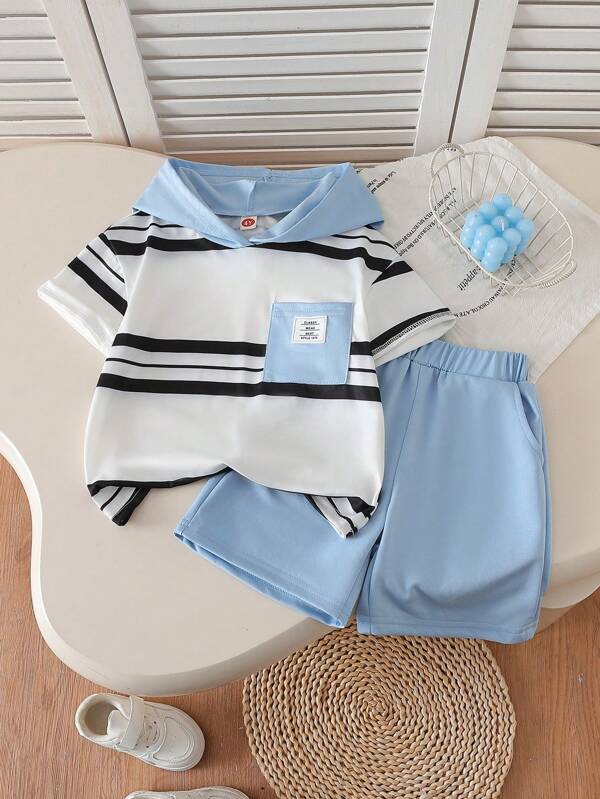 Conjunto de 2 peças de moletom listrado com capuz e shorts casuais lisos para meninos, roupa esportiva da moda
