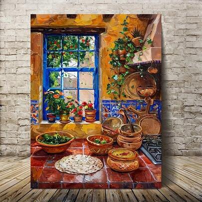 Lienzo con marco de madera 2D, 1 pieza, pintura colorida de cocina del suroeste, impresión en lienzo con azulejos mexicanos, decoración para dormitorio, sala de estar, oficina, galería, enmarcado, envuelto en lienzo, listo para colgar, pintura decorativa, póster