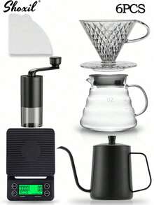 shoxil 02# Bộ dụng cụ pha cà phê thủ công - Bộ pha cà phê hoàn chỉnh 4/6/8/10/12 món, bao gồm ấm cổ ngỗng, bình pha cà phê thủy tinh, cân điện tử, máy xay cà phê và 100 giấy lọc. - V60 Kích thước 02 - Xem 17