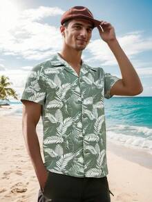 Men's Hawaiian Shirt Short Sleeves Printed Casual Button Down Funky Summer Tropical Holiday Beach Male Shirts - Leaf Light Blue - View 6