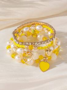 5 Stücke Set Damen Perlenarmband mit Herzanhänger, Strass-Gummiband-Armband, elegantes Perlenarmband, Alltagszubehör
