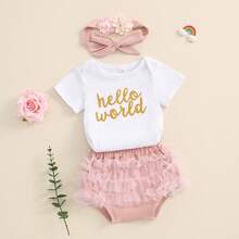 Newborn Baby Girl Hello World Outfit Short Sleeve Romper Tulle Pant Cute Flower Headband 3Pcs Coming Home Outfits Clothes Set - Hello World - 查看 3