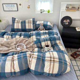 4pcs Simple Digital Aloe Plaid Bedding Set (1pc Duvet Cover + 1pc Bed Sheet + 2pcs Pillow Shams), Skin-Friendly Flannel Printed Bedding Suite, Vivid Color, Soft & Comfortable, Suitable For Bedroom, Guest Room, King/Queen/Twin Size, Breathable, Reversible, All Season, Machine Washable