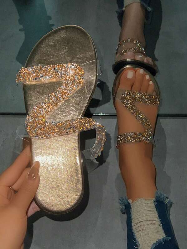1 Pair Women's Casual Sandals With Transparent Upper, Rhinestone Decor, Slip-On, Strap Design, Suitable For Party, Date, Casual, College, Beach, Holiday, Everyday Outdoor Wear