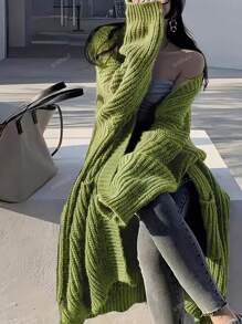 Autumn/Winter European Style Fashionable Casual Pocket Knit Cardigan For Women, Loose Solid Color Elegant Long Sleeve Plus Size Mid-Length Open Stitch Sweater