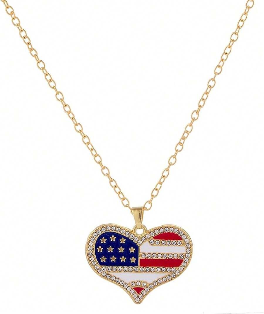 4th Of July Necklace Patriotic Rhinestone Red Blue White American Flag Enamel Stars Heart USA Flags Sparkly Crystal CZ Pendant Necklace For Men Women Independence Memorial Day Fourth Of July Jewelry Gifts2025 - 心形項鍊 - 查看 1
