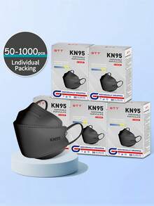 GTT KN95 Face Masks 50-500 Pack Boat-Shaped Folding Protective Mask Wholesale, Breathable Comfortable Disposable Adult Safety Mask, Black , Firmly Fitted Hypoallergenic Mask - 黑色 - 查看 1