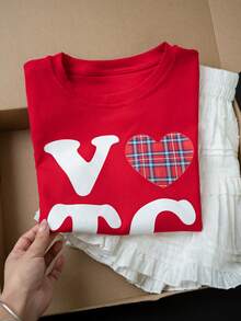 Back To School Cute Heart & Letter Print Casual Round Neck Short Sleeve T-Shirt For Women, Spring/Summer Red - Red - View 6