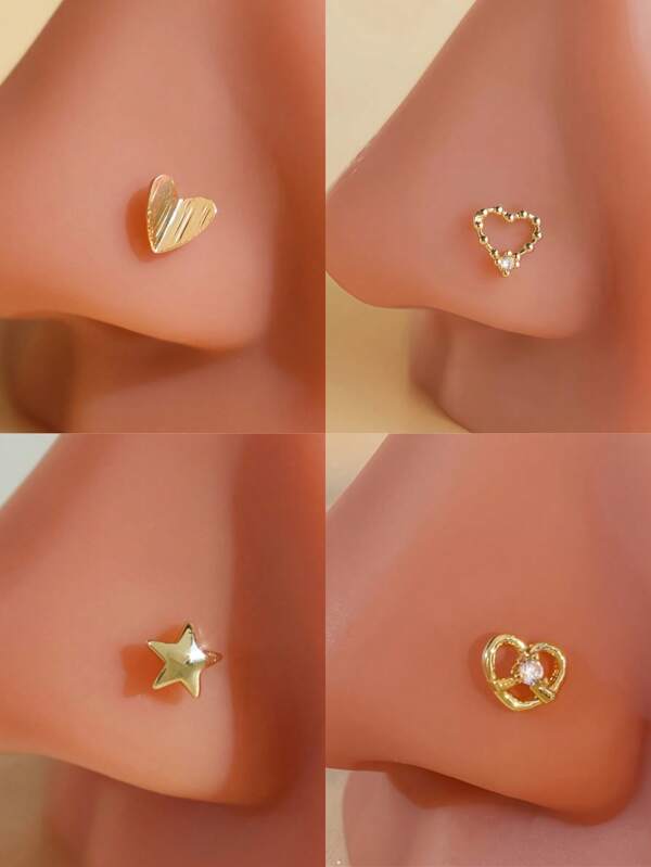 4pcs Elegant Minimal Style Folding Heart, Pentagram, Hollow Heart, Crossed Heart Nose Rings, Brass Material With Cubic Zirconia, Cute Fashion Nose Rings For Women, Suitable For Daily, Party, Beach Holiday, Great For Thanksgiving, Mother's Day, Valentine's Day Gifts