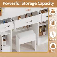 Dressing Table Stool Set Makeup Mirror LED Light Vanity Desk 3 Drawer - Makeup Desk Vanity Set For Bedroom - White