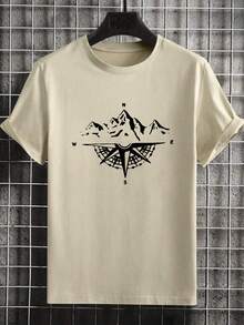 Plus Size Men's Summer Mountain Compass Letter Print Casual Round Neck Short Sleeve T-Shirt - Apricot - View 2