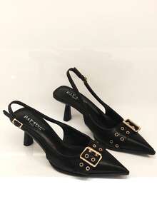 RevReaL Pointed Toe Slingback Heels With Double Buckle Detail - Minimalist Chic Pumps - Black - View 3