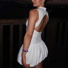 Bubble Dress Women Sleeveless Mock Neck Knit Open Back Dress Bodycon Y2k Party Club Short Dress - 白色 - 查看 3