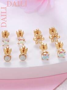 DAILI 4 pares de brincos fofos feitos à mão com a parte traseira lisa para mulheres, hipoalergênicos, em aço inoxidável, ouro 14k, opala, zircônia cúbica, flor, coração, cartilagem, brincos para pele sensível, 20g, brincos de zircônia cúbica rosa e prata