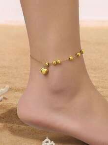 MONALLY 18K Gold Plated Fashionable Ball Chain Heart Anklet, Stainless Steel Jewelry For Women, Suitable For Summer Vacation, Travel, Beach, Party, Birthday Gift, Non-Fading - Yellow Gold - View 1