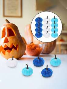 6Pcs Halloween Pumpkin Decor Faux Velvet Foam Fabric Pumpkins Decoration Fall Velvet Pumpkin Harvest Decoration Assorted Faux Blue White Small Fabric Foam Pumpkin For Autumn Thanksgiving Farmhouse Table Centerpiece Halloween Mantel Party Favor Halloween Party Table Centerpiece Decoration(White, TiffanyBlue, Deep Blue) - Multicolor - View 3