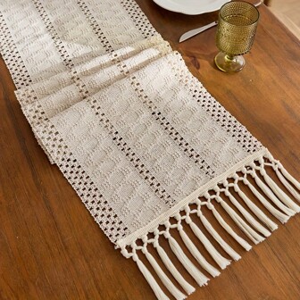 1pc Boho Farmhouse Macrame-Style Table Runner - Cream Polyester Blend With Tassels, Rectangular Design For Home & Restaurant Decor, Kitchen Dining Table Centerpiece, Decorative Dining Accessory, Rustic Decor Item, Intricate Weaving, Fabric
