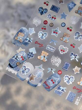 1 张蓝色牛仔 5D 水晶美甲贴纸网格格子可爱心形熊图案蝴蝶结装饰美甲贴花