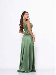 Long Satin Bridesmaid Dress With Flower Detail - Olive Green - View 2