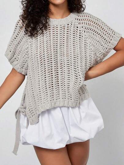Whisplicity Maglietta casual e ampia da donna con maniche corte, in maglia, con spacco alla moda e design con laccio, adatta per primavera/estate, taglie comode