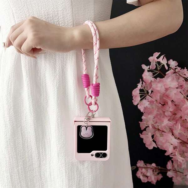Funda de teléfono de lujo color rosa liso con correa portátil con diseño de conejo compatible con Samsung Galaxy Z Flip 5, 6, Z Flip6, ZFlip 5, Zflip6, Zflip7, Flip4, Flip3, funda protectora para la parte trasera, también compatible con