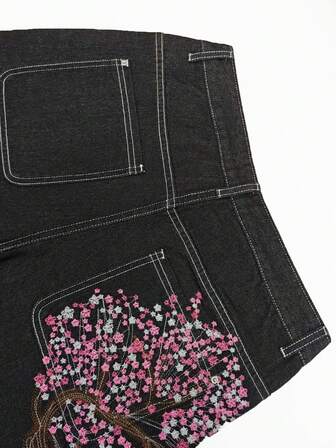 Fashionable Sakura Embroidered Vintage Wide Leg Loose Fit Jeans