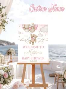1 pieza - Cartel de bienvenida personalizado con globo de oso marrón para baby shower - Cartel de bienvenida de cumpleaños de oso rosa, decoración de fiesta rosa, plantilla de logotipo de bienvenida de cumpleaños impresa en lienzo, decoración de baby shower de oso rosa, póster personalizado, póster para exteriores - Póster de lienzo personalizado, plantilla de logotipo de bienvenida de cumpleaños, actividades artísticas para niños