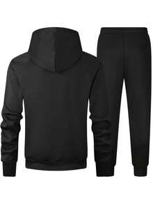 Men's Plus Size Autumn/Winter Creative Cross & English Letter Print Casual Open Front Hoodie Sweatshirt + Casual Sweatpants Set - Black - View 2