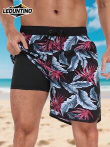 LEDUNTINO [Primavera/Verano] Shorts de 2 en 1 de doble capa con estampado tropical, de moda para hombres, regalo para esposo/novio, cintura elástica, con múltiples bolsillos, para playa/vacaciones - Negro - Ver 1