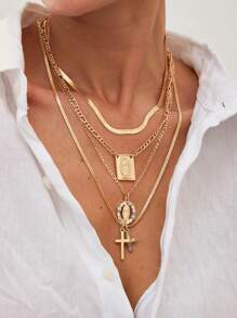 4 pezzi set di collane multistrato con pendente geometrico rotondo in metallo vintage, collana con ciondolo a croce di Gesù in stile punk per donna
