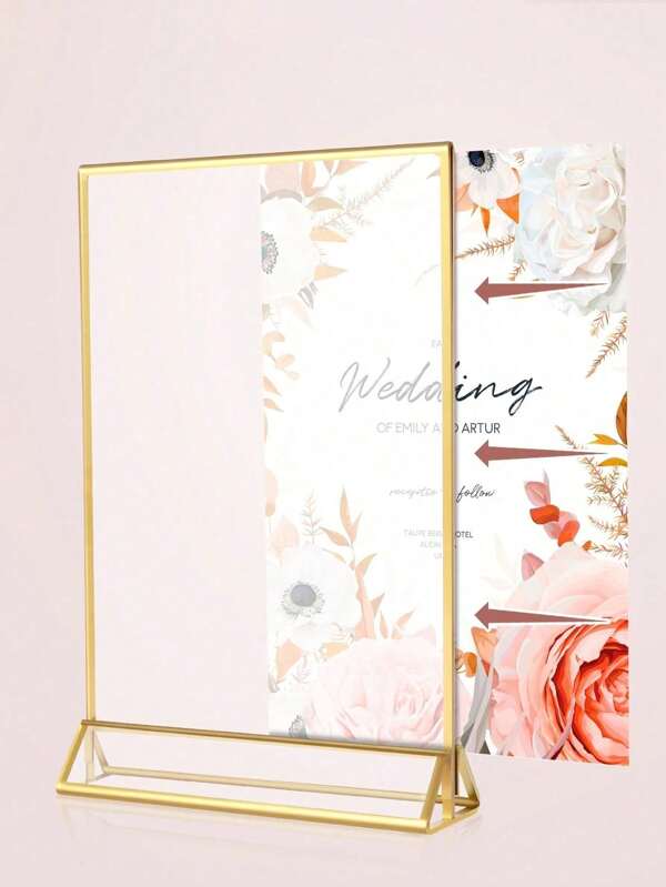 1pc Acrylic Sign Holder With Gold Border, Display Stand For Photo Frame, Paper, Menu, Wedding, Office, Restaurant, Table Number, Card, Acrylic Gold Edge Table Card, Gold Table Plate, Wedding Table Card, Upright Sign, Double-Sided Display Board, Triangular Table Card, Advertising Display Board, Pull-Out Menu Price Transparent Card, Number Plate, 3D Wine List