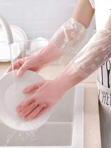 3/1 Găng tay vệ sinh bằng silicon, Găng tay rửa bát, Găng tay dài tay dùng cho nhà bếp, phòng tắm, công việc nhà, dễ vệ sinh - Hồng - Xem 4