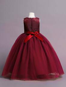 Flower Girl Dress Lace Bridesmaid Dress Kid Wedding Ball Gown Toddler Princess Pageant Evening Dresses - 酒紅色 - 查看 3