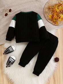 2pcs Baby Boy Round Neck Contrast Color Rib Knit Long Sleeve Top And Elastic Waist Casual Pants Set, Spring/Autumn - Green - View 2