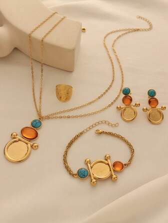 1 套复古铜合金镀金孔雀石硬币吊坠项链、手链、耳环、戒指首饰套装，适合女性日常佩戴和节日礼物