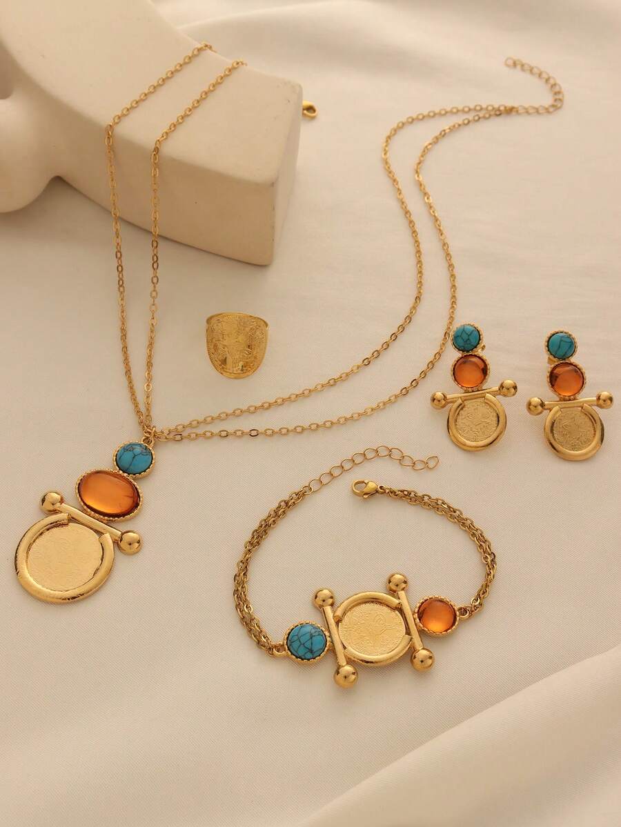 1 Bộ dây chuyền mặt đồng xu đá công mạ vàng hợp kim đồng cổ điển, vòng tay, hoa tai, nhẫn bộ trang sức, phù hợp cho phụ nữ đeo hàng ngày và làm quà tặng lễ hội - Vàng - Xem 1