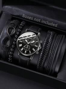 5PCS Black PU Leather Strap Men's Watch Set Business Fashion Quartz Watch Bracelet Set Suitable For Daily Clothing Matching Perfect Holiday Gift