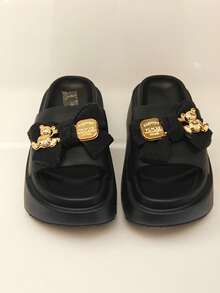 Revreal Black Platform Slides With Bow Accent Cute Basic Beach Casual Leisure Outdoor - Black - View 4