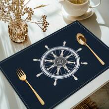 1pc/4pcs/6pcs Nautical Helm & Wheel Print Placemats - Navy Blue & White Polyester Machine Washable Rectangular Placemats, For Home Decor, Kitchen, Party, Birthday And Holiday Gifts, Party Tableware | Nautical Theme | Polyester Placemats - Multicolor - View 3