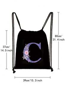 Drawstring Bag School Backpack Sport Bag Women's Fashion Shoulder Backpacks Canvas Shopping Bag Organizer For Travel Cycling Hiking Woman Large Capacity Storage Shopper Bags Initial Name A To Z Letter Print - Black - View 2