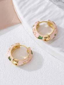 一对复古印花圈形耳环，经典釉面花卉图案耳环，适合女性日常佩戴，也是送给朋友的礼物。 - 彩色 - 查看 7