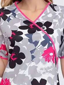 Chinese Style Mandarin Collar Criss-Cross Contrast Trim, All-Over Floral Print, Suitable For Summer Wear Nursing Scrub Top For Women - Grey - View 3