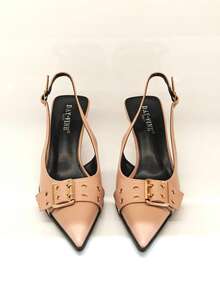 RevReaL Pointed Toe Slingback Heels With Double Buckle Detail - Minimalist Chic Pumps - Beige - View 5