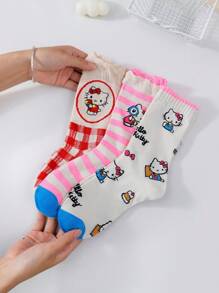Sanrio 3/6/9 Pares de Meias Femininas com Listras, Xadrez, Renda, Estampa do Personagem Sanrio Hello Kitty, Estilo Fofo e Doce de Escola, Respiráveis, Cano Médio, Adequadas para Todas as Estações