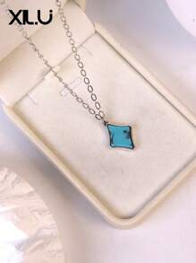 1pc Poker Card & Turquoise Enamel Pendant Necklace For Women, European & American Design