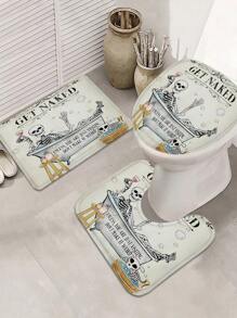 1/4 Stück lustiges Skelett Muster Badezimmer Dekor Set, Skelett liegt in Badewanne mit Schrift Design, wasserdichter Duschvorhang mit 12 Haken, rutschfeste Badvorlage, U-förmige Toilettenvorlage, Toilette-Sitz Abdeckung, tolles Geschenk für sich selbst, Freunde und Familie zum Schulbeginn