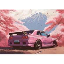 30*40cm Diamond Painting Art Canvas Wall Decor, Featuring Car & Pink Cherry Blossoms, Diamond Painting Kit, Frameless Poster For Bedroom, Living Room, Office Decoration